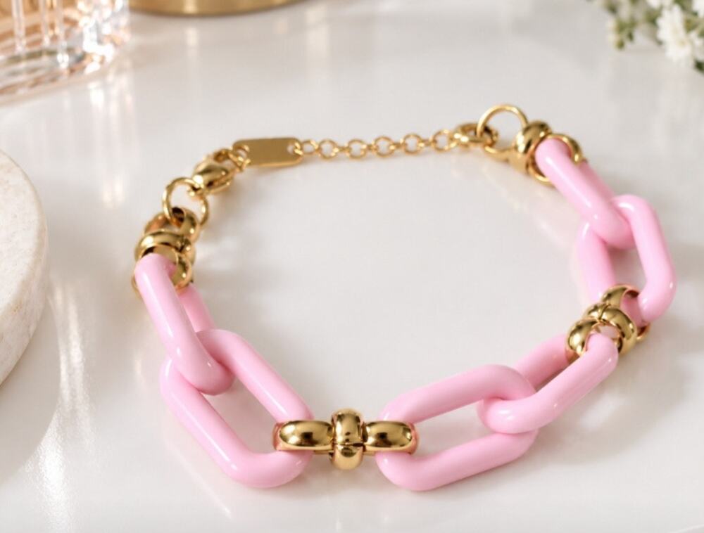 18K Gold Plated Pink Link Bracelet New